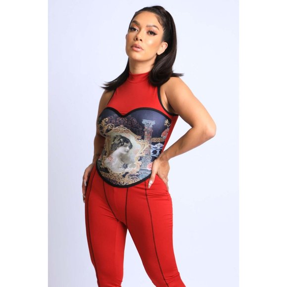 Womens Portrait Printed Faux Corset Jumpsuit Dress Back Zip Sleeveless Mock Neck - Picture 2 of 6